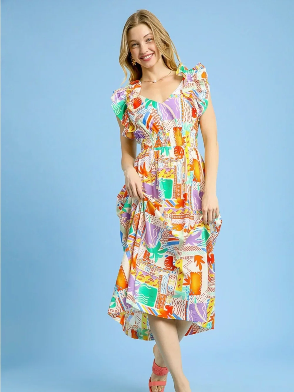 Umgee Tropical Patchwork Ruffle Midi Dress - Picture 1 of 5